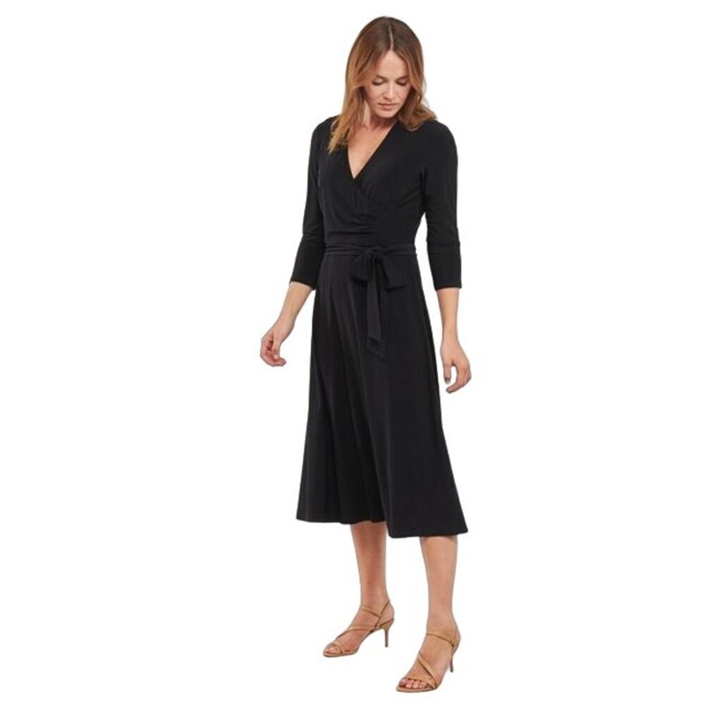 LAUREN Ralph Lauren Women's Black Belted V-Neck Fit & Flare Dress